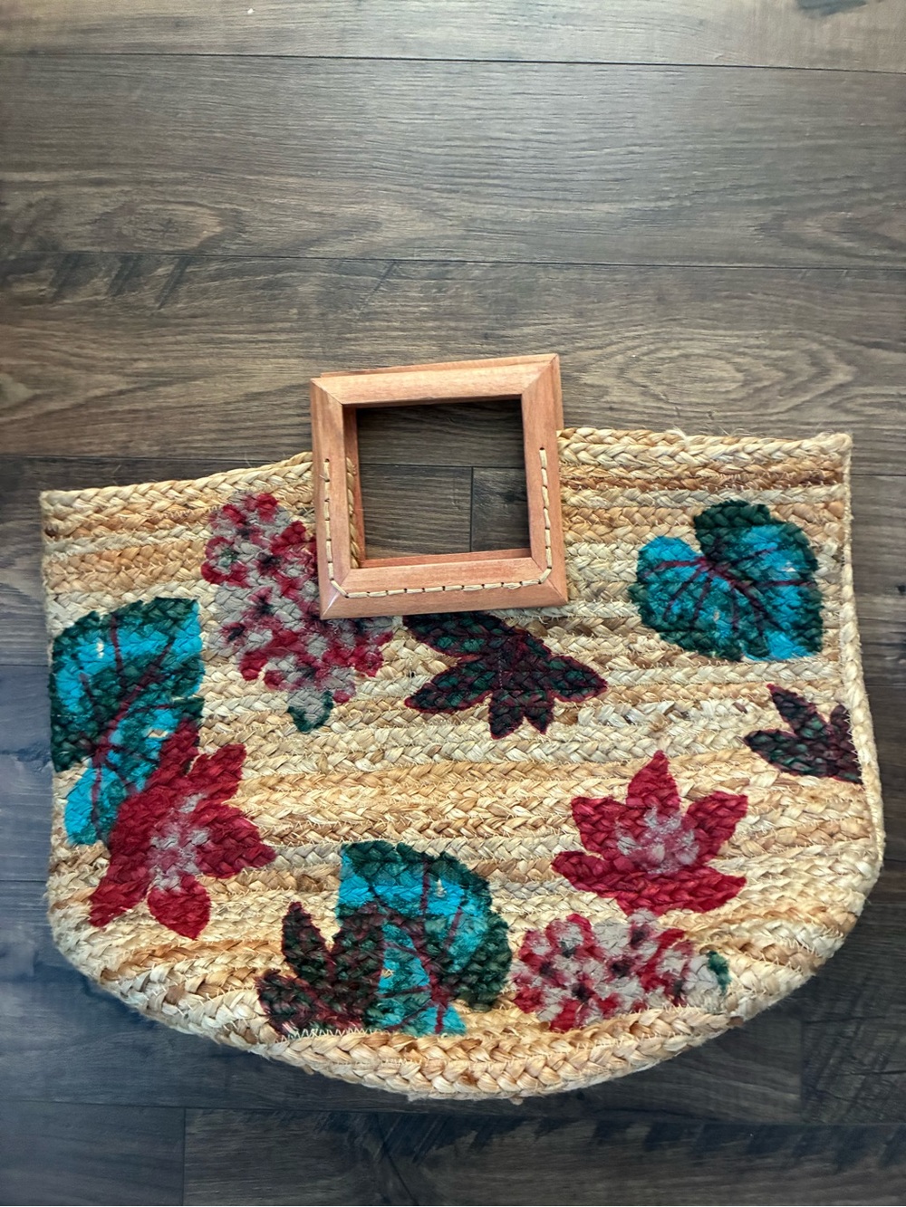 Antik Kraft Anthropologie Floral Jute Tote Bag with Square Wooden Handle
